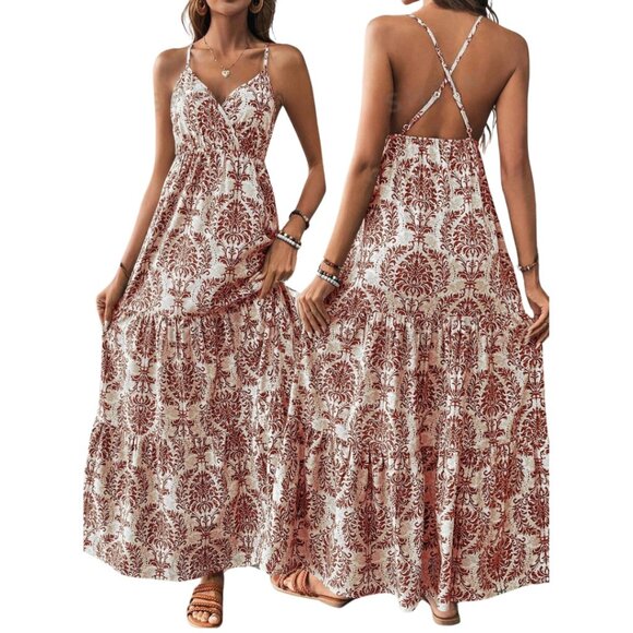 Dresses & Skirts - Boho Floral Print Sleeveless Cross-Front Maxi Dress Rust